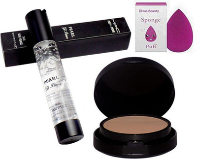 

divas beauty Sponge Puff With Mac Prep+Prime Pearl Gel Primer, Powder Plus Foundation Studio Fix Pressed Powder compact(Set of 3)