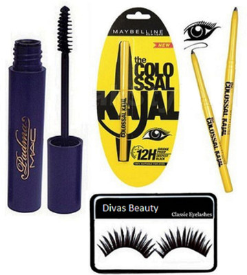 

divas beauty Eyelashes&Mac Padma mascara & New York Colossal Kajal Pack Of 3(Set of 5)