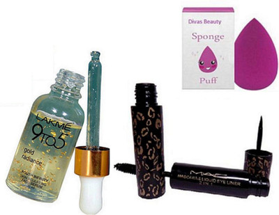 

divas beauty Sponge Puff With 9to5 Gold Radiance Youth Infinity Skin Sculpting Face Serum, MAC mascara & Liquid Eyeliner 2 in 1(Set of 3)