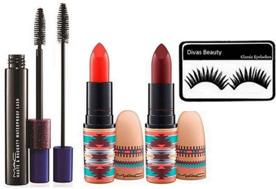 

divas beauty Eyelashes, Mac Vibe Tribe Orange &Diva Shade Lipstick Matte (Pack of 2 ), Haute & Naughty Black Double Effect Mascara(Set of 4)