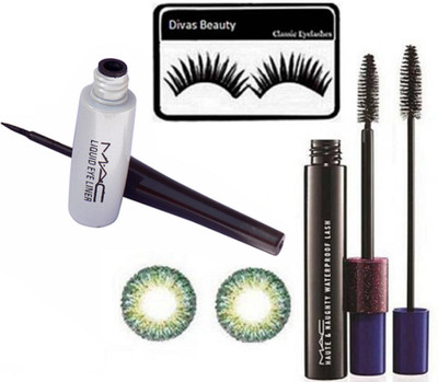 

divas beauty Eyelashes, Mac Liquid Eyeliner With Haute And Naughty Mascara, Contact lanses(Set of 4)