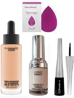 

divas beauty Sponge Puff With Mac Mineralize Foundation 15 SPF, Mac Studio Waterweight spf 30(Set of 4)