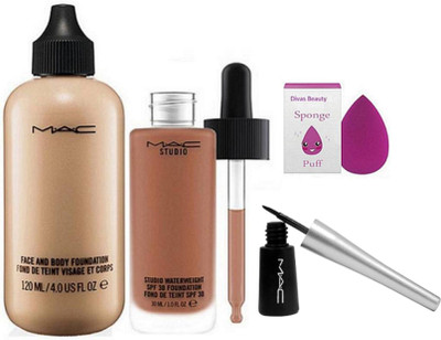 

divas beauty Sponge Puff & Mac Face And Body Foundation & Mac Studio Waterwight Liquid Foundation, Mac Super Slick Liquid Eyeliner(Set of 4)