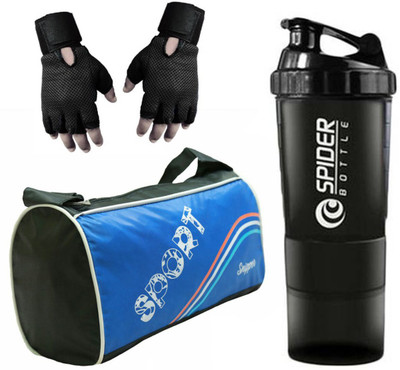 

Snipper Combo Of Sport Gym Blue Bag , Black Gloves and Black Spider Shaker Gym & Fitness Kit
