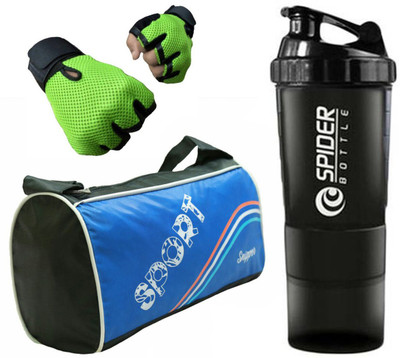 

Snipper Combo Of Sport Gym Blue Bag , Green Gloves and Black Spider Shaker Gym & Fitness Kit