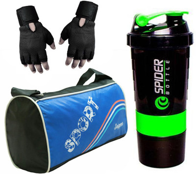 

Snipper Combo of Sport Blue Bag , Black Gloves and Green Spider Shaker Gym & Fitness Kit