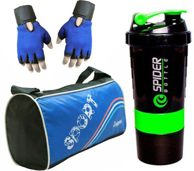 

Snipper Combo of Sport Blue Bag , Blue Gloves and Green Spider Shaker Gym & Fitness Kit