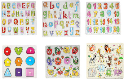 

Baybee Premium Wooden Puzzles - Set of 6 for attractive price discount - Wooden Capital Letter Puzzle, Small Letters, 0 to 20 Puzzle, Geometric Shape Sorter, Fruits Puzzle, Animal Puzzle(Multicolor)