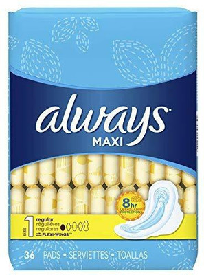 

Always Maxi, Size 1, Regular Pads With Wings, Unscented, 36 Count Sanitary Pad