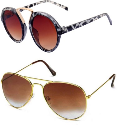 BARBARIK Round, Aviator Sunglasses(For Men & Women, Brown, Black)