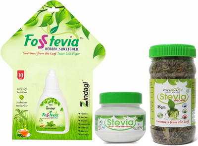 

Zindagi Stevia Liquid, Stevia Powder & Stevia Dry Leaves - Natural Stevia Leaves Extract - Sugarfree Stevia Drops (Combo Pack) Sweetener(95 g, Pack of 3)