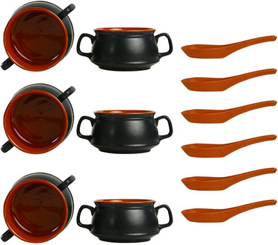 

caffeine Katori Soup Bowl With Six Spoon Free Ceramic/Stoneware in Black & Chocolate Brown Double Handled (Set of 6) Handmade By Caffeine Ceramic Bowl Set(Black, Brown, Pack of 6)