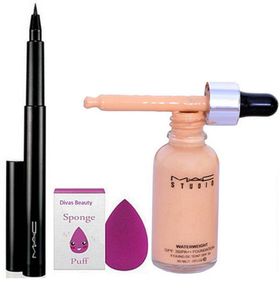 

divas beauty sponge puff & studio waterweight liquid foundation of mac & mac pen eyeliner(Set of 3)