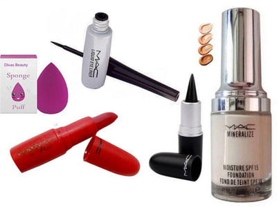 

divas beauty Sponge Puff &Mac Liquid Eyeliner, intense black stick Kajal , Hot Red lipstick with Mineralize Moisture Broad Spectrum Foundation(Set of 5)