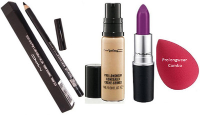 

Pro longwear combo Sponge Puff&Mac Pro Longwear Concealer Cache Cernes&Mac Matte Finish Purple Lipstick&Pencil Kajal(Set of 4)