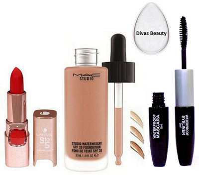 

divas beauty Silicon Puff & Mac Studio Waterweight Foundation With 9 to 5 Crease Less Lipstick,Mac Coloerbar mascara & Liquid Eyeliner 2 in(Set of 4)