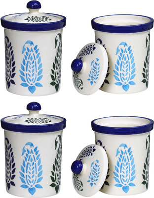 

Caffeine Mini Jar Ceramic in Authentic Leaf (Set of 4) Handmade - 800 ml Ceramic Grocery Container(Pack of 4, White, Blue), Blue;white