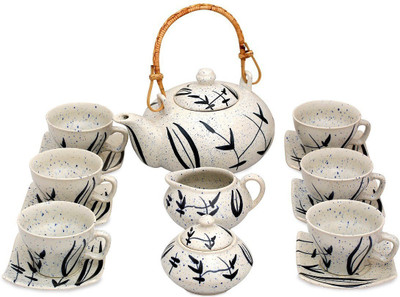 

Caffeine Caffeine Handmade Ceramic Marble Matte Style Leaf Print Kettle Set Ceramic(White, Pack of 15)