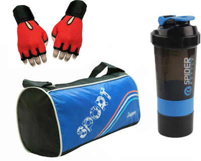 

Snipper Combo Of Sport Gym Blue Bag , Red Gloves and Blue Spider Shaker Gym & Fitness Kit
