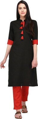 Pistaa Women Solid Straight Kurta(Red, Black)