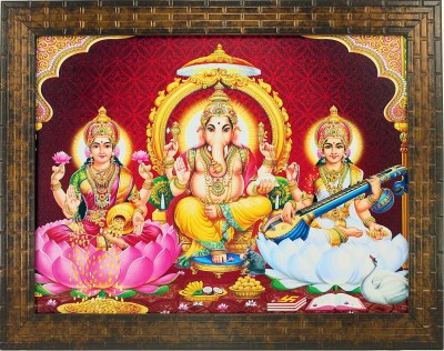 Indianara lAXMI GANESH SARASWATI (1450) Digital Reprint 13 inch x 10.6 inch Painting(With Frame)