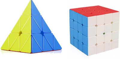 Emob High Speed Stickerless Pyraminx & 4x4 Cube Magic Rubik Cube with Smooth Corner Cutting(2 Pieces)