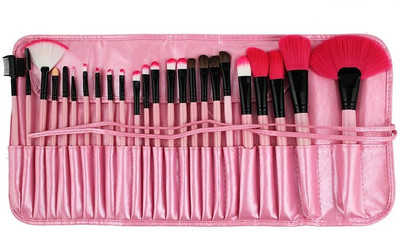 

AlexVyan Special 24 Pcs Pink Handle with Leather Cover Full Makeup Brush Set Chubby Pier Foundation Blending(Pack of 24)