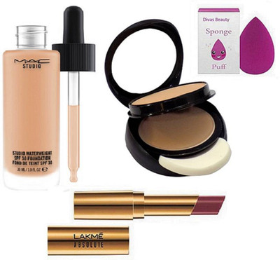 

divas beauty sponge puff , mac studio water weight liquid foundation , studio fix powder plus compact with absolute argan lip color lipstick(Set of 4)