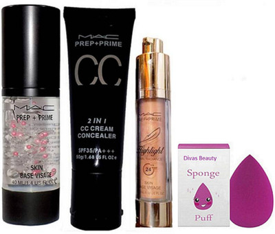 

divas beauty Sponge puff & Mac Prep+Prime skin base visage Primer and Highlighter with Mac Prep+Prime 2 in 1 cc cream concealer(Set of 4)