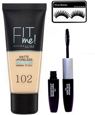 

divas beauty Sponge Puff With Fit me Matte Poreless+Foundation, Coloerbar mascara & Liquid Eyeliner 2 in1(Set of 3)