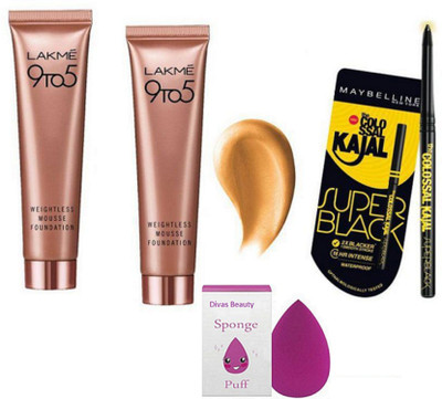 

divas beauty Sponge Puff& 9 To 5 Weightless Mousse Pack of 2 Liquid Foundation,New York Super Black kajal(Set of 4)