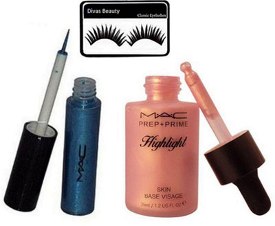 

divas beauty Eyelashes&Mac Blue Glitter Eyeliner & Prep+Prime Highlighter(Set of 3)