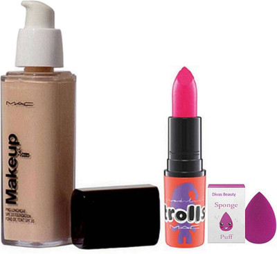 

divas beauty sponge puff & mac Make-Up 24 Hours Liquid Foundation & mac Trolls Pink Shade Lipstick(Set of 3)