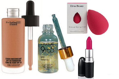 

divas beauty Sopnge, puff, MAC Studio Waterweight SPF 30 Foundation, Matte Lipstick, 9to5 Gold Radiance Serum(Set of 4)
