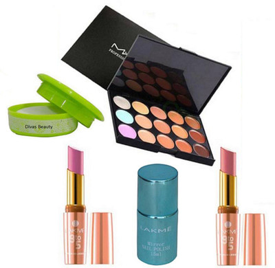 

divas beauty Nail Remover &Mac 15 Shade Concealer Palette , 9to5 Lipstick Set Of 2 &Mirror Nail Polish(Set of 5)