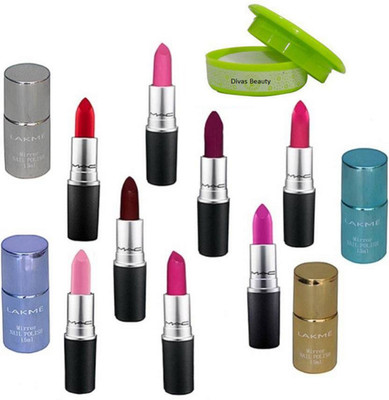 

divas beauty Nail Polish Remover, Mac Long Lasting Lipstick Set Of 8 & Mirror Nail Polish Set Of 4(Set of 13)