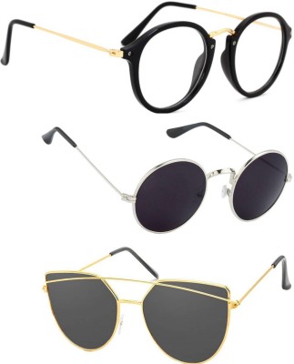 Rich Club Cat-eye, Round Sunglasses(For Men & Women, Black, Grey)