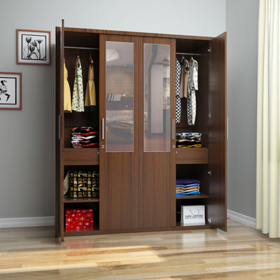 Flipkart Perfect Homes Nevada Engineered Wood 4 Door Wardrobe(Finish Color - Walnut, Mirror Included)