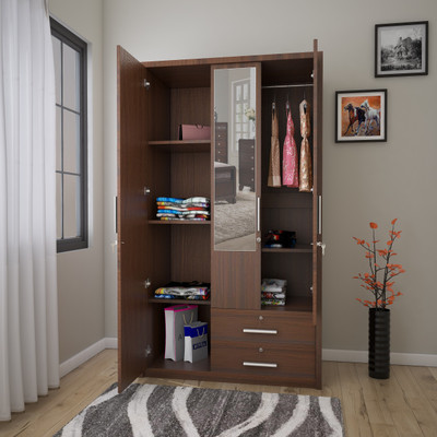 Flipkart Perfect Homes Nevada Engineered Wood 3 Door Wardrobe(Finish Color - Walnut, Mirror Included)