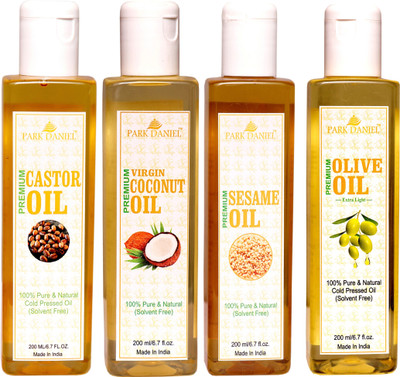 

Park Daniel Premium Castor oil, Coconut oil, Sesame oil and Extra Light Olive oil- Pure and Natural Combo pack of 4 bottle of 200 ml(800 ml)(800 ml)