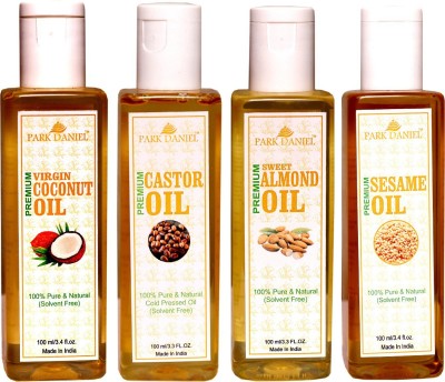 PARK DANIEL Premium Virgin Coconut oil, Castor Oil and Sesame oil and Sweet Almond oil Combo of 4 bottles of 100 ml(400ml)(400 ml)