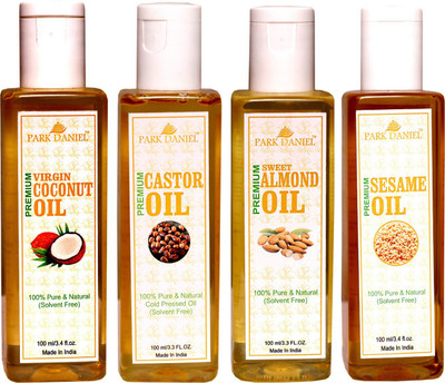 

Park Daniel Premium Virgin Coconut oil, Castor Oil and Sesame oil and Sweet Almond oil Combo of 4 bottles of 100 ml(400ml)(400 ml)