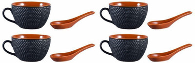 

caffeine Single Handled Soup Bowl with Four Spoon Free Ceramic/Stoneware in Black Brown Bubble Handmade by Caffeine-Set of 4 Ceramic Bowl Set(Brown, Black, Pack of 4)