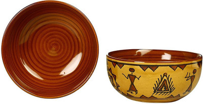 

caffeine Katori Soup Bowl With Two Spoon Free Ceramic/Stoneware in Mustard Tribal (Set of 2) Handmade By Caffeine Ceramic Bowl Set(Brown, Pack of 2)