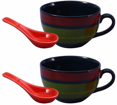 

caffeine Single Handled with Spoon in Green Chandrakari Ceramic Bowl Set(Green, Pack of 4)