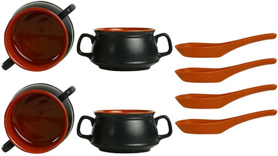 

caffeine Katori Soup Bowl With Four Spoon Free Ceramic/Stoneware in Black & Chocolate Brown Double Handled (Set of 4) Handmade By Caffeine Ceramic Bowl Set(Brown, Black, Pack of 4)