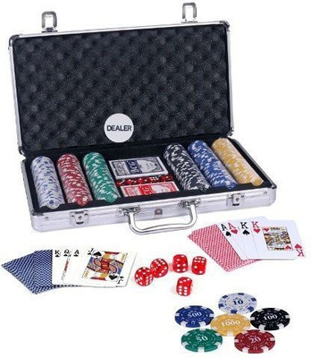 

Arrowmax All In One Poker Game Set- 300 printed chips with Indian Denominations , 2 Playing cards decks, 5 dice with Attractive aluminium box case.(Multicolor)