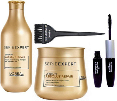

Pro longwear combo Of Hair Brush, L'Oreal Professional Series Expert Absolute Repair Lipidium Shampoo 300 Ml With Masque 250 ml & Colorbar 2in1 Eyeliner & Mascara(Set of 4)