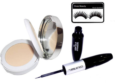 

divas beauty Eyelashes With Liquid Eyeliner +Mascara 2in1 & Lighfull Pressed Powder Compact(Set of 3)
