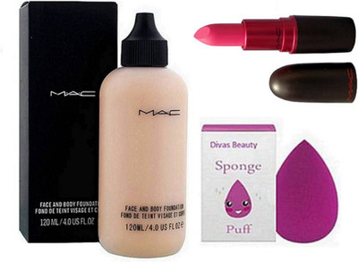 

divas beauty Sponge Puff, Mac Face and Body Foundation with Lady gaga pink Matte Finish Lipstick(Set of 3)
